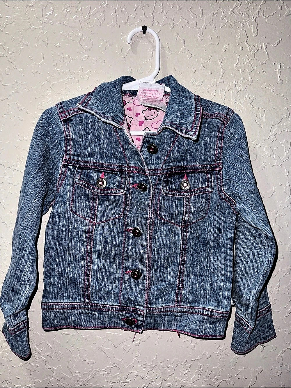 Vintage 2009 Sanrio Hello Kitty Rhinestone Denim Jacket Sz 4 Blue Pink